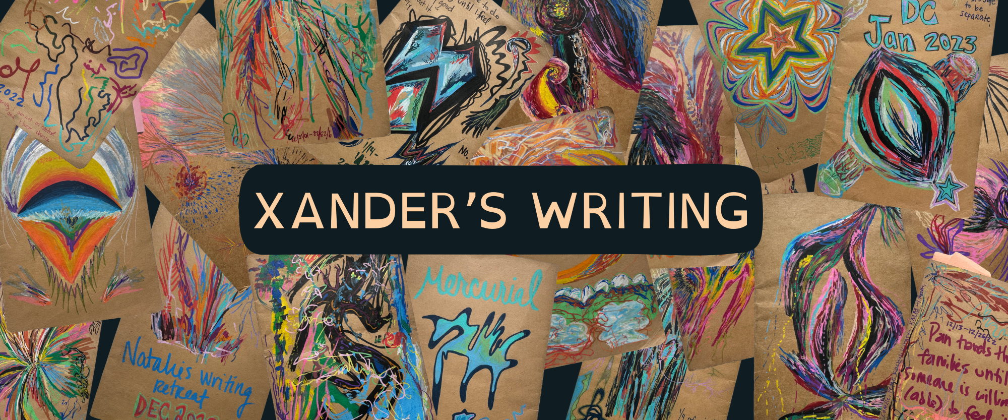 Xander's Writing Banner with a photo collage background of Xander's journals